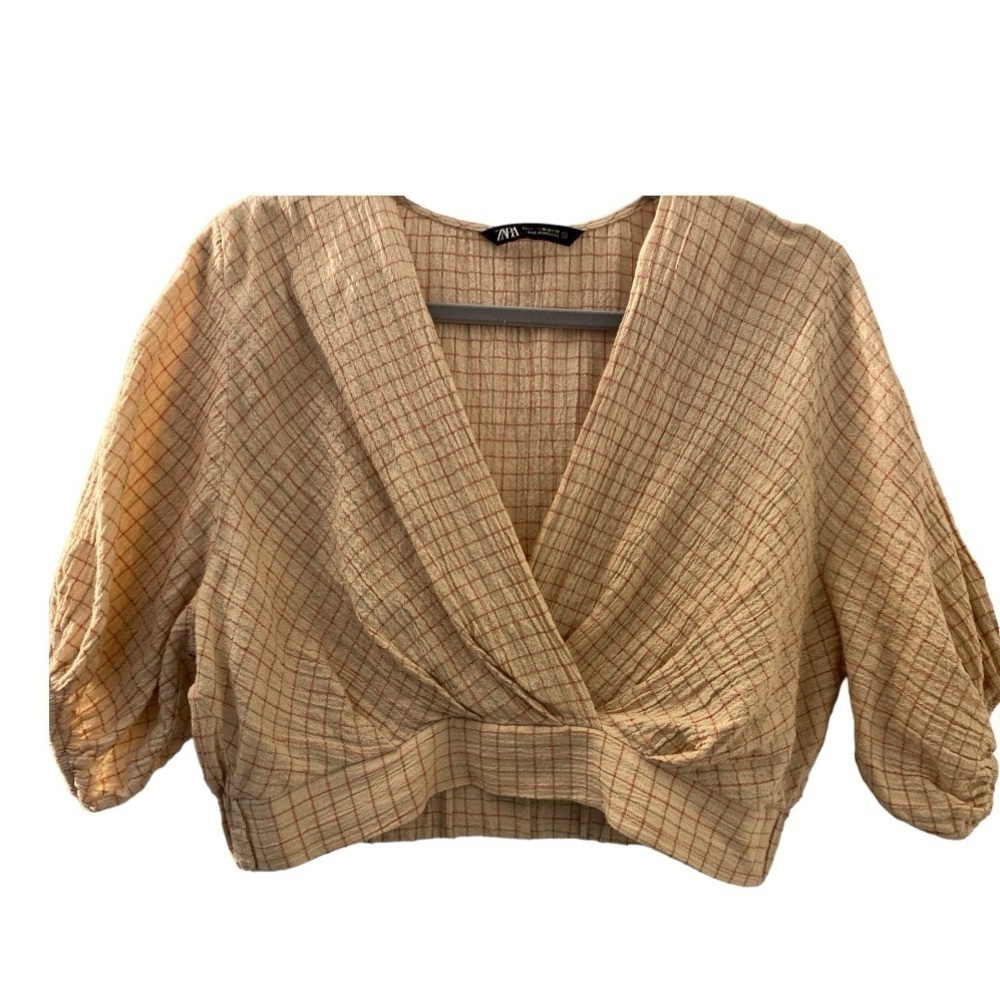 ZARA top, cropped, full 3/4 sleeves, cotton/linen gauze type fabric. Faux wrap.